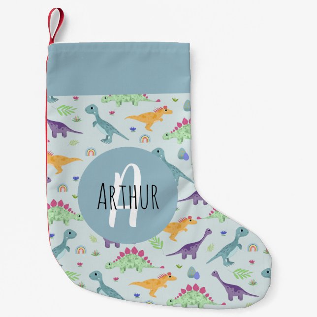 Jungen Niedlich und Fun Blue Dinosaur Muster Kinde Kleiner Weihnachtsstrumpf (Vorderseite)