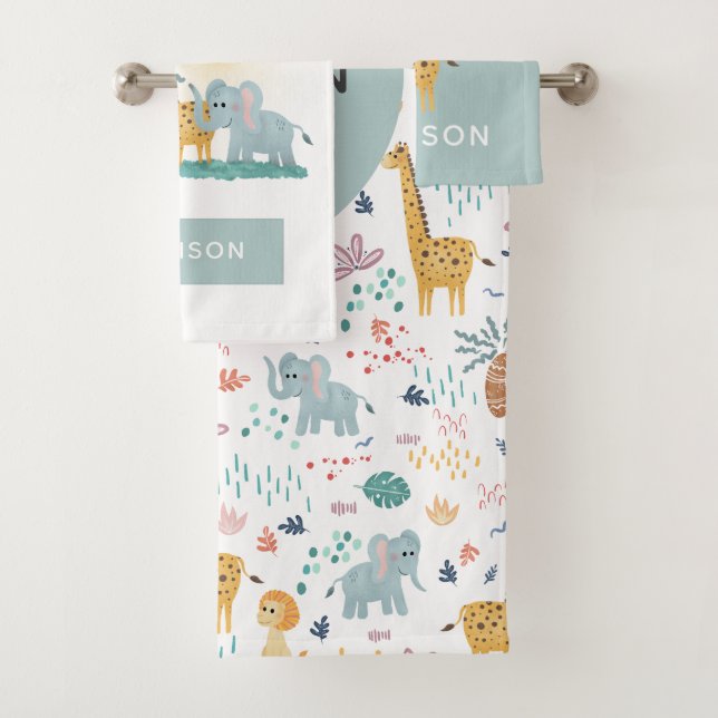 Jungen Niedliche Jungle Safari Tiere Zebra Giraffe Badhandtuch Set (Insitu)