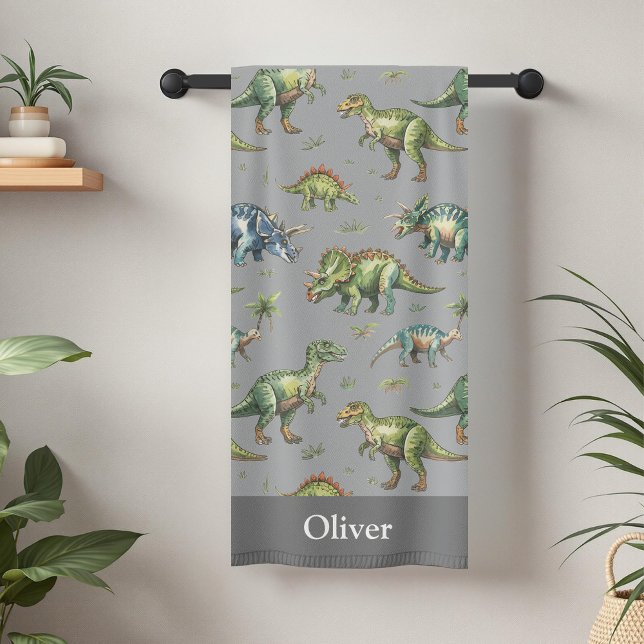 Jungen Niedliche Wasserfarbe Dinosaurier & Name Ki Badehandtuch (Von Creator hochgeladen)
