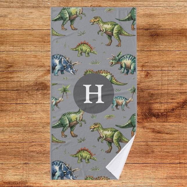 Jungen Niedliche Wasserfarbe Dinosaurier & Name Ki Badehandtuch (Von Creator hochgeladen)