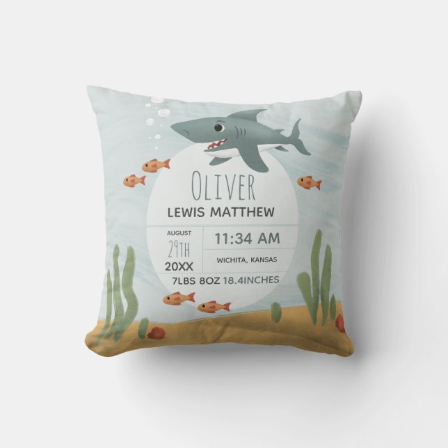 Jungen Niedlicher Blauer Hai Keepake Geburtsstunde Kissen (Vorderseite)