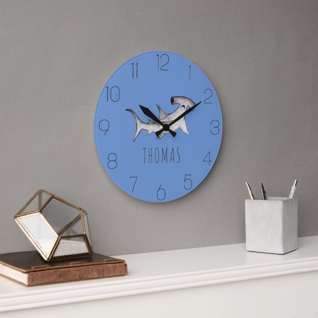 Jungen Niedliches Blaues Ozean Hammerhead Hai Kind Große Wanduhr (Büro)