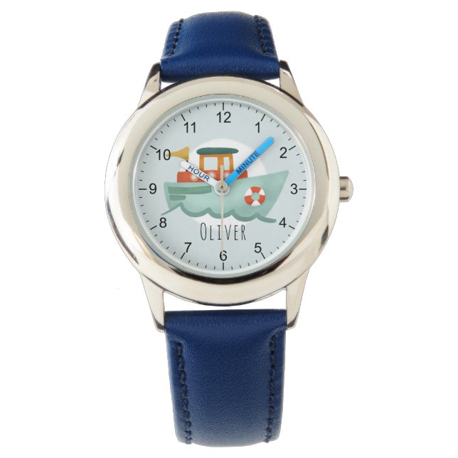 Jungen Niedliches blaues Wasserschiff Kinder Armbanduhr (Vorderseite)