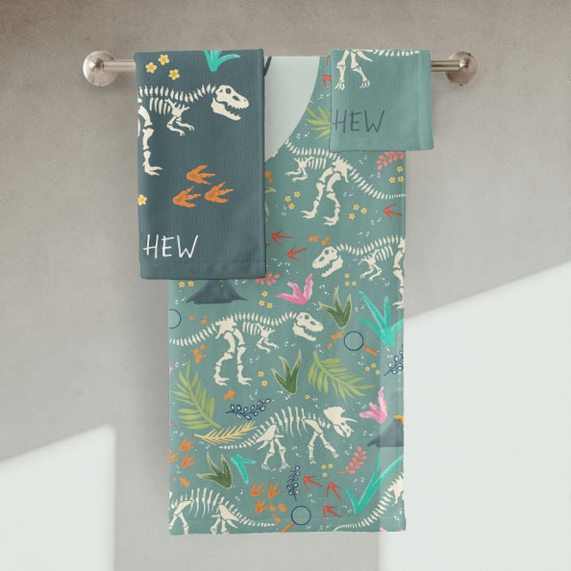 Jungen Niedliches Dinosaurier Fossil Muster & Mono Badhandtuch Set (Von Creator hochgeladen)