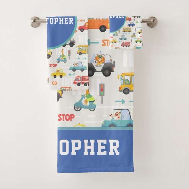 Jungen Niedliches Transportwagenmuster Name Kinder Badhandtuch Set (Insitu)