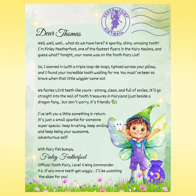 Jungen Personalisierte Fairy Letter Magical Keepak (Boys Tooth Fairy Letter – Personalized Tooth Fairy Note from Finley Featherfoot – Custom Printed)
