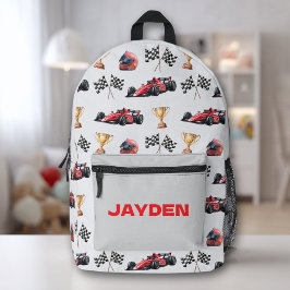 Jungen-Rennwagen-Muster personalisierter Name  Bedruckter Rucksack