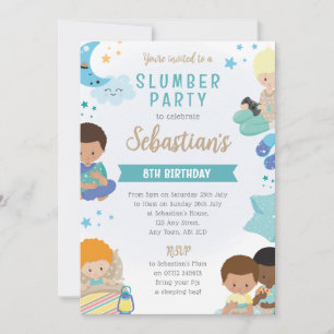Jungen-Schlafparty-Einladung – Pyjamas, Kissen und Einladung