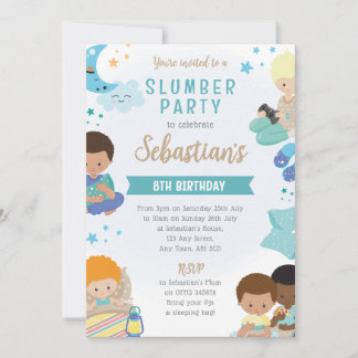 Jungen-Schlafparty-Einladung – Pyjamas, Kissen und Einladung