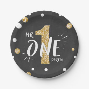 Jungen-Schwarz-Gold Herr-Onederful Party Paper Pappteller
