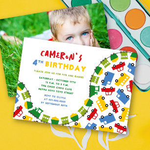 Jungen Spielzeug Spaß Transport Foto 4. Geburtstag Einladung