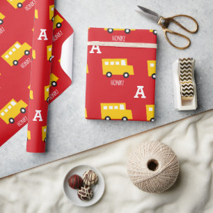 Jungen Spielzeug Transport Gelber Bus Monogramm Ge Geschenkpapier