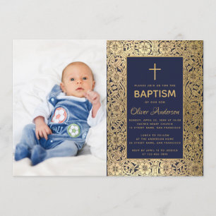 Jungen Taufbild Navy Blau Vintage Goldene Rosen Einladung