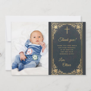 Jungen Taufe Blau Gold Foto Vintage Dankeskarte