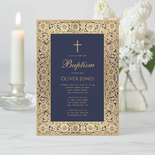Jungen Taufe Blumen Gold Rahmen Navy Blau Elegant Einladung
