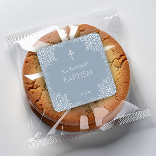 Jungen Taufe Staubblau Elegante Unechte Silber Blä Quadratischer Aufkleber