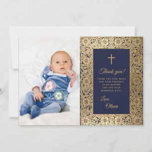 Jungen Taufe Vintage Blau Gold Rosen Floral Foto Dankeskarte