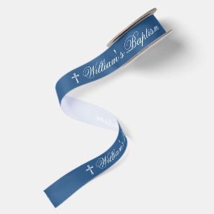 Jungen Taufklassiker Blau Weiße Kreuz & Kalligrafi Satinband