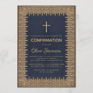 Jungen Taufkleid Blau Vintage Rahmen Gold Kreuz Einladung