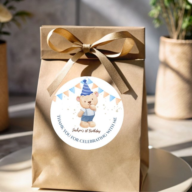 Jungen Teddy Bär Party personalisiert Runder Aufkleber (Boys teddy bear birthday party thank you favor sticker personalized customized favor stickers)