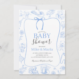 Jungen-Toile-De-Jouy-Blau-Baby-Shower-Einladung Einladung