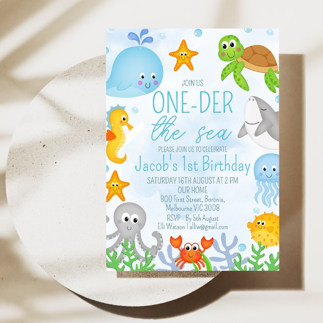 Jungen unter dem Meer Eins der See erste Geburtsta Einladung (Boys Oneder the Sea 1st Birthday Invitation, Cute Boys First Birthday Ocean Sea Creatures Invite)