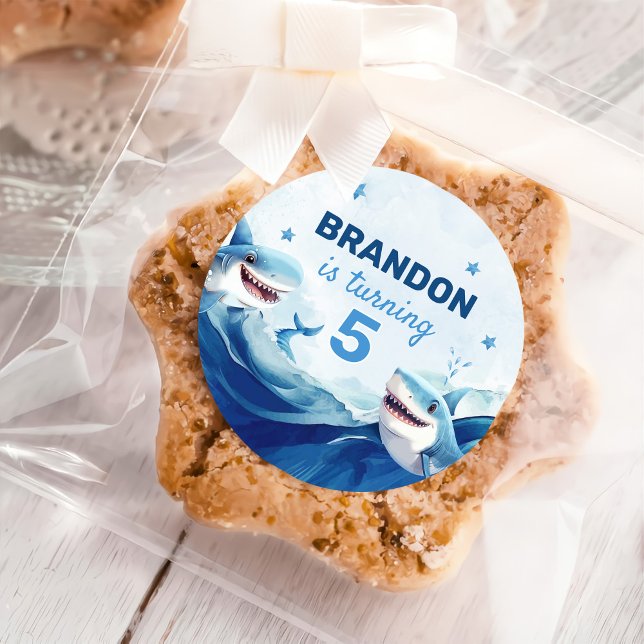Jungen unter Meereshai 5. Geburtstag Runder Aufkleber (Von Creator hochgeladen)