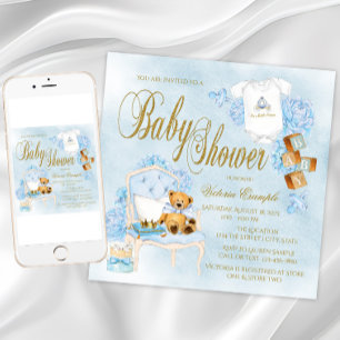 Jungen Wasserfarbe Blau Gold Baby Shower Einladung