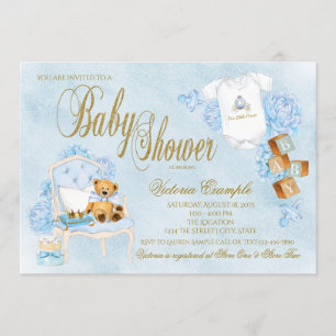 Jungen Wasserfarbe Blau Gold Babyparty Einladung