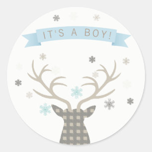 Jungen Winter Wonderland Waldhirsch Babyparty Runder Aufkleber