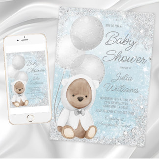 Jungen-Winter-Wunderland-Teddybär-Baby-Party Einladung