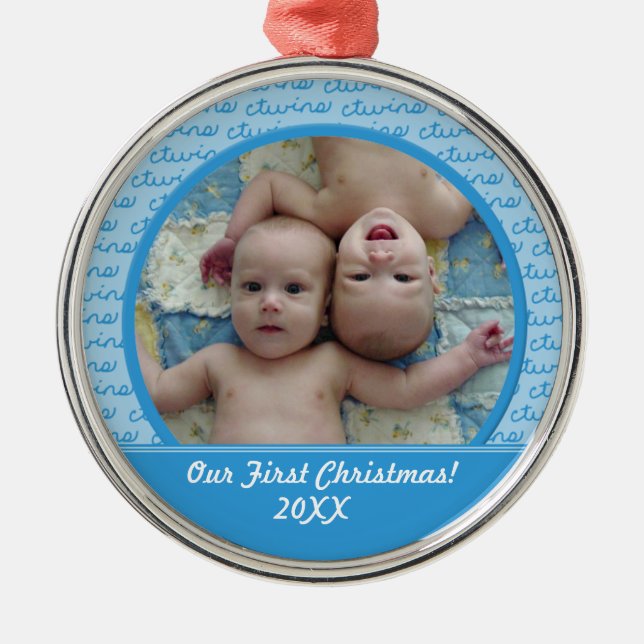 Jungen-Zwillings-erste Weihnachtsverzierung Silbernes Ornament (Vorne)