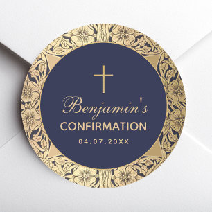 Jungenkonfirmation Vintage Gold Rosen Navy Blau Runder Aufkleber