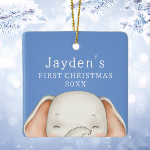 Junger Elefant Blau Baby 1. Weihnachten Keramikornament
