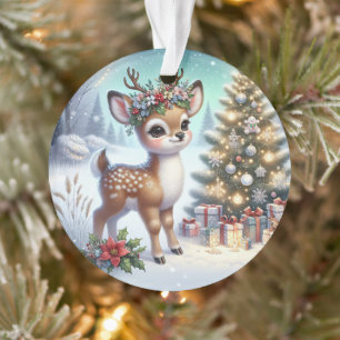 Junger Hirsch mit Blumenkrone und Baum Ornament
