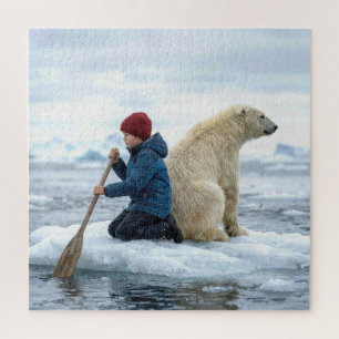 Junger Junge auf Eis rettet einen Eisbären Puzzle