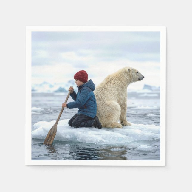 Junger Junge auf Eis rettet einen Eisbären Serviette (Vorderseite)