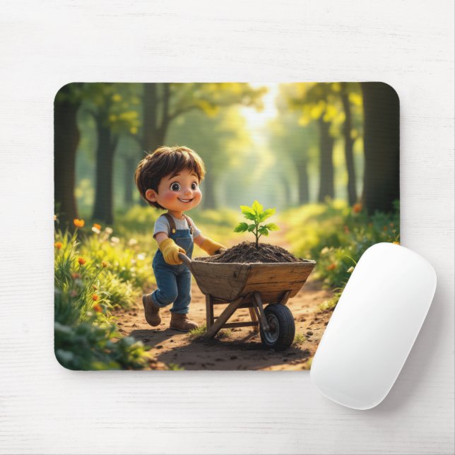 Junger Junge, der eine Schubkarre schiebt Mousepad (Mit Mouse)