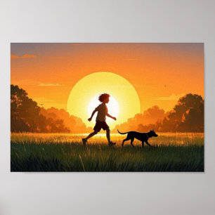 Junger Junge mit Hund bei Sonnenuntergang Poster