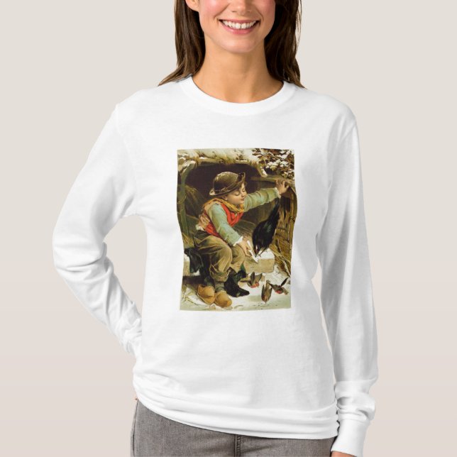 Junger Junge mit Vögeln im Schnee T-Shirt (Vorderseite)
