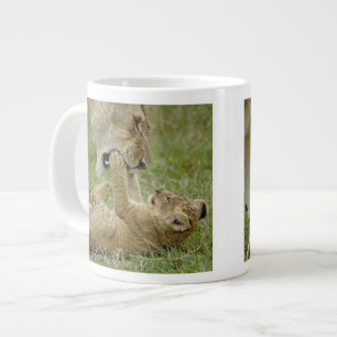 Junger Löwe spielt Jumbo-Tasse