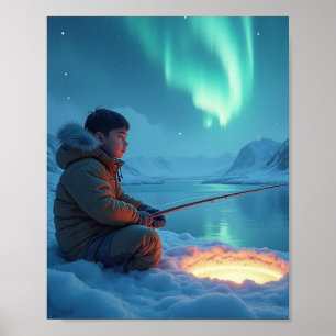 Junger Mann beim Eisfischen Poster