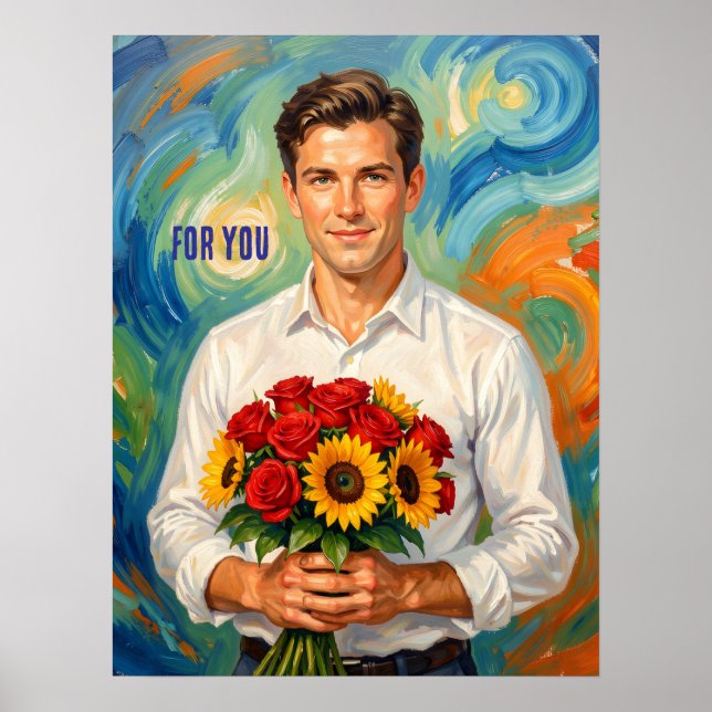 Junger Mann mit Blumenstrauß im Retro-Stil persona Poster (Vorne)