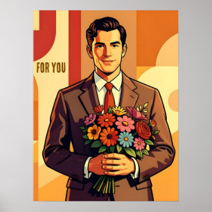 Junger Mann mit Blumenstrauß Retro-Stil personalis Poster
