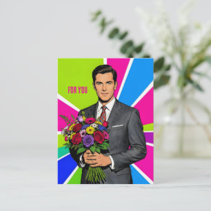Junger Mann mit Blumenstrauß Retro-Stil personalis Postkarte