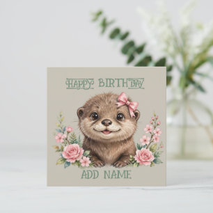 Junger Otter: Baby-Tier Pastell-Schleife und Blume Karte