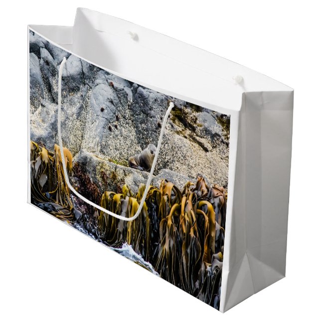 Junger Pelz Siegel auf dem Felsen Große Geschenktüte (Vorderseite Schrägansicht)