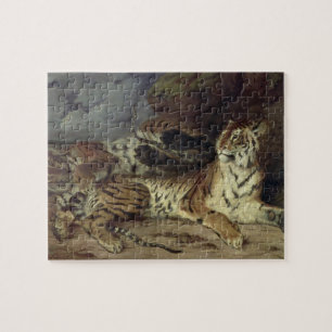 Junger Tiger, der mit seiner Mutter, 1830 spielt Puzzle