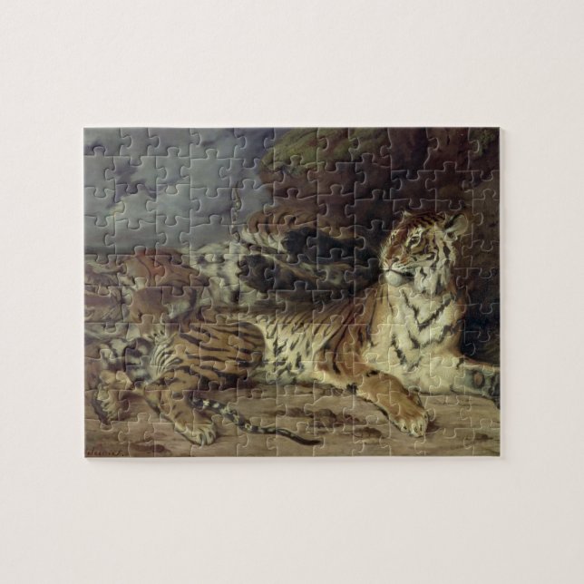 Junger Tiger, der mit seiner Mutter, 1830 spielt Puzzle (Horizontal)
