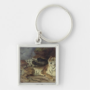 Junger Tiger, der mit seiner Mutter, 1830 spielt Schlüsselanhänger